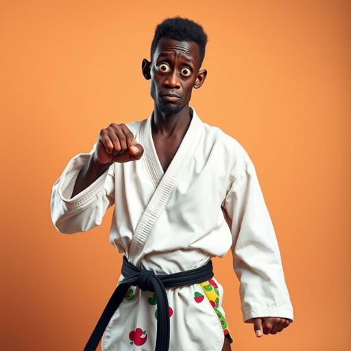 Create a character who looks like a funny African karate guy who doesn’t have a clue what he is doing. Make him have weird toes, only speedos on and a black karate belt. Make him tal skinny and slinky.