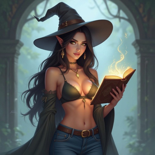 Dark Brunette Elf Witch Librarian with With Hat.  Bathing Suit Top and Low waisted Jeans