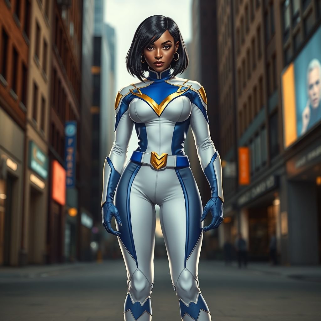 African American female superhero with hair in a shoulder length side part hairstyle with pure Gold Glowing eyes wearing a white suit with gold and royal blue with white pants and gold and white knee length boots with a utility belt with a gold V as her chest emblem in Philadelphia