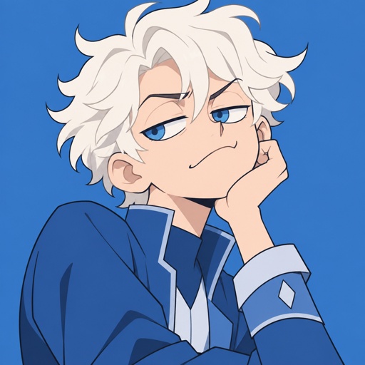 Male, fluffy white hair, big blue eyes, long smile, snobby, wears blue, whiny,
