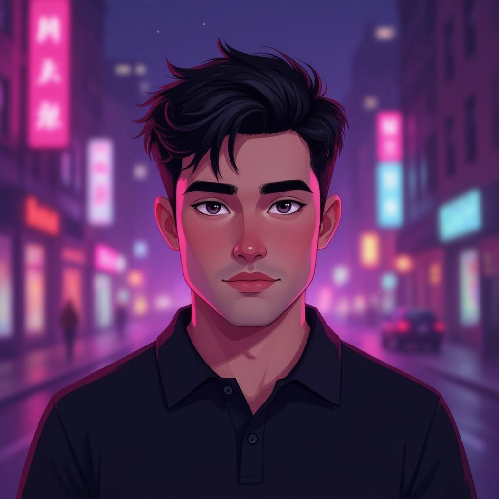 mężczyzna o krótkich czarnych włosach. ciemne oczy, lekko przymrużone. Wąskie wargi ust z mocniej zarysowaną górną wargą. Pulchny. twarz okrągła. Pyzaty. Ubrany w czarną koszulkę polo. tło różowe.