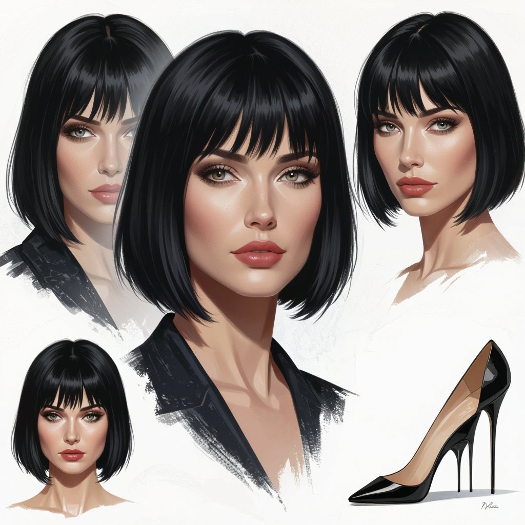 Show character head to toe. Create a mid age fantasy woman jet-black hair is cut sharpand her eyes seem to pierce through darkness. A shadowy aura clings to her form,