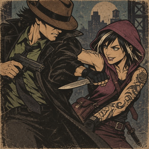 Male, no facial hair, brown fedora that covers eyes, black back hair spiky, black trench coat with upturned collar, green shirt, holding gun, Female, black jagged hair cut, neck length, white strands, two lip piercings, blue eyes, magenta sleeveless hoodie hood up, dark magenta satchel, belt with knife attached, gloves, tattoos on both arms, holding knife, smirk, fighting the other