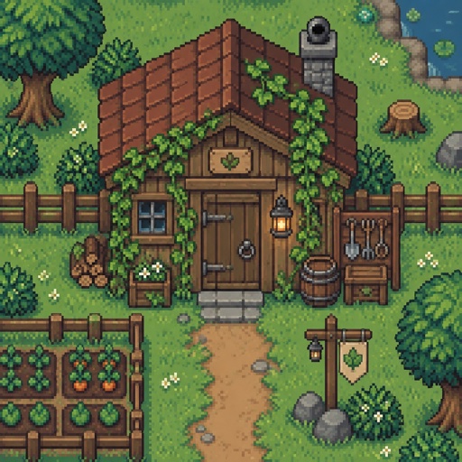 cozy shed vines for a modern fantasy game, exterior, top down style