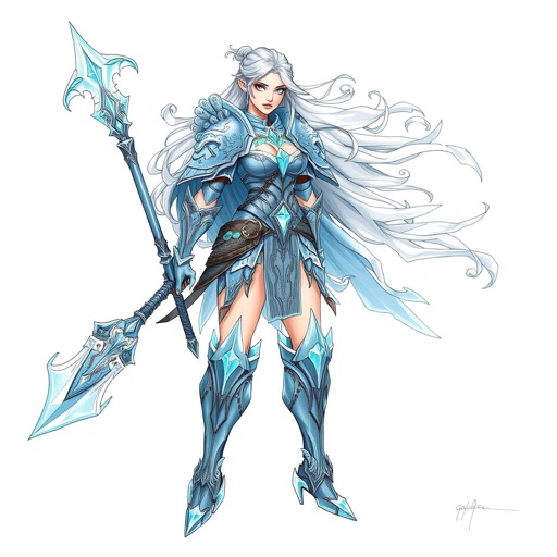 Create a battle woman hero called Alvara the Frostheart. Show full body head to toe including shoes
