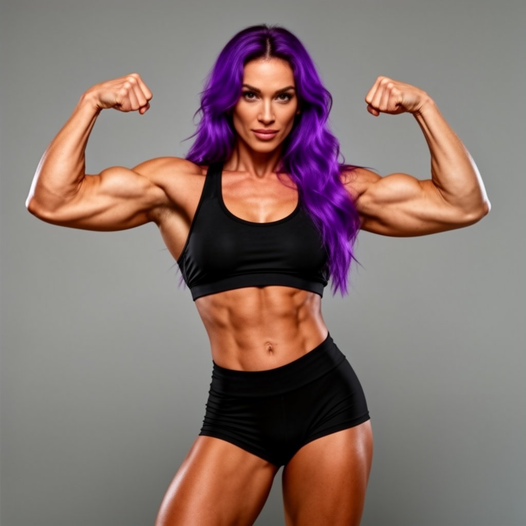 Muscular woman with long purple hair
