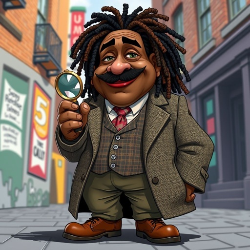 Create a funny serious fat character similar to Sherlock Holmes, but make him of black decent and with dread locks. Show his whole outfit including his shoes.