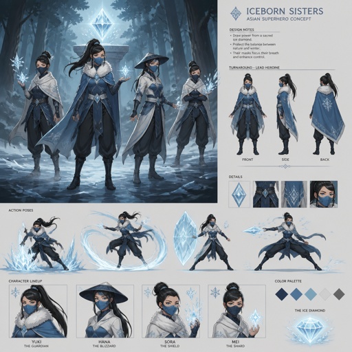 Female superhero with ice powers, mask, Asian , warm shawl, pants, diamond in forest , multiple of the same character 