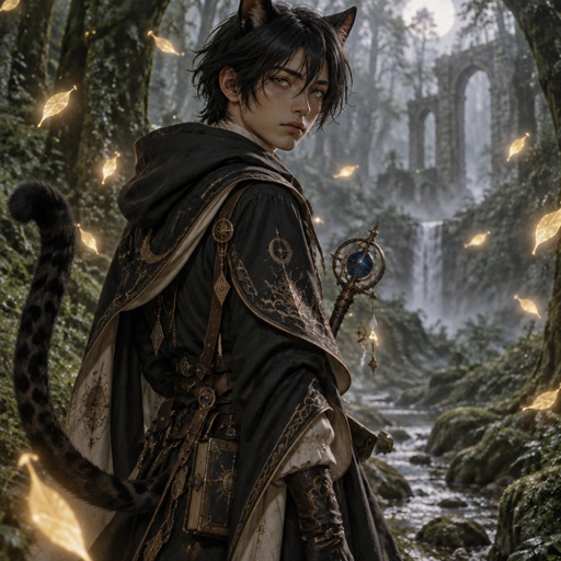 a man dressed in a cat costume standing in a forest