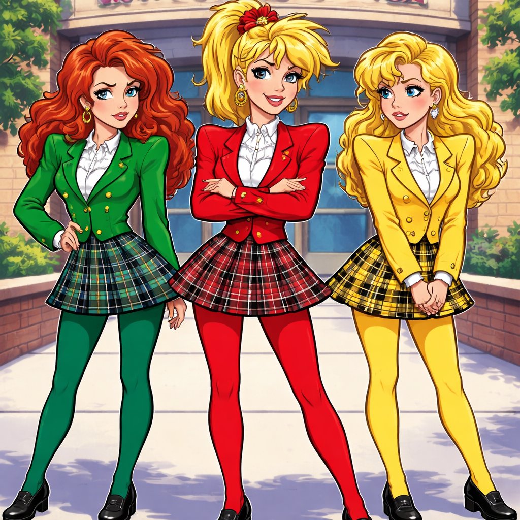 3 chicas con estética entera de los 80, sobre todo de 1988. Una chica de cabello rubio cenizo (a menudo descrito como dirty blonde), piel clara, ojos verdes pálido, y con peinado de cuanto más grande y voluminoso, mejor. Su vestimenta es parcialmente o principalmente del color rojo: simbolizando su poder y dominio, agresividad y liderazgo sobre los demás estudiantes; y ella es la que está en el centro siendo la líder. Luego está otra chica, la que estaría a su derecha; que tiene el cabello pelirrojo (o castaño rojizo/auburn), ojos azules, y piel clara. Su vestimenta es parcialmente o principalmente del color verde: simbolizando su envidia y celos hacia la líder (la chica del centro, la ya antes mencionada). Y luego está la otra chica que estaría a la izquierda; piel clara también, cabello rubio y los ojos de color café (marrón). Su vestimenta es parcialmente o principalmente del color amarillo: simbolizando su naturaleza cautelosa y, en ocasiones, su cobardía o falta de voluntad propia. solo hay un scrunchie rojo (coletero), que funciona como un "tótem de poder" o una corona, y eso lo tiene la líder (la chica del centro, la de rojo, la ya antes mencionada, la primera). Cómo es temática y en la era de los 80 (sobre todo en el 1988) entonces el escenario visual de ellas es en una escuela con banderas rojas con la letra W que significa: “Westerburg High School”. Su estilo de ropa es es una mezcla perfecta de "Power Dressing" (ropa de poder) de los 80 con un toque preppy de escuela secundaria privada. Su vestimenta no era casual; era un uniforme de autoridad diseñado para intimidar. Las Hombreras (Shoulder Pads) Es el rasgo más distintivo. Sus chaquetas y blazers tenían hombreras enormes para crear una silueta imponente y masculina, proyectando fuerza y estatus. Blazers y Faldas Escocesas (Plaid) Casi siempre visten conjuntos de dos piezas: Blazers: Estructurados, con botones grandes (a menudo dorados). Faldas: Generalmente cortas, de tablas o tipo lápiz, muchas veces con el patrón de cuadros escoceses que gritaba "estudiante de élite". Medias (Tights): Usaban medias tupidas que combinaban exactamente con su color asignado (rojo, verde o amarillo). Zapatos: Solían usar mocasines (loafers) o zapatos de tacón bajo tipo kitten heels, manteniendo el aspecto colegial pero sofisticado. Debajo de los blazers, llevaban blusas blancas o de colores claros con cuellos grandes, a menudo adornadas con lazos de tela o broches en el cuello, lo que les daba un aire de "niña rica" impecable.