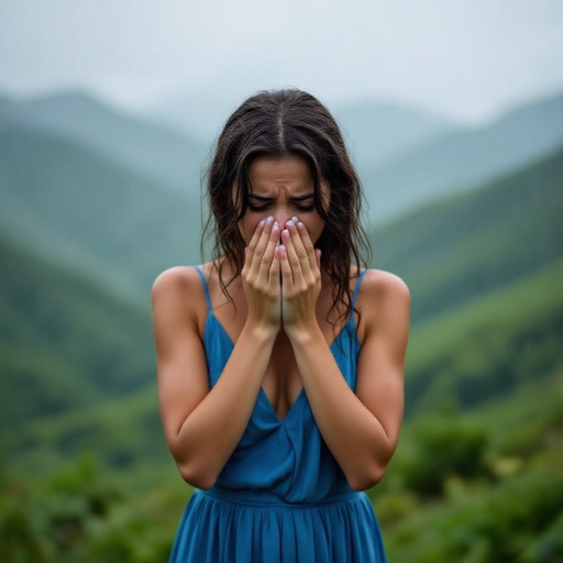 Woman crying in the mountains in the rain 