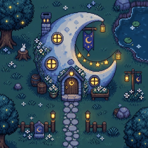 Lunar Fairy house, unique, fairy lights, for a modern fantasy game, exterior, top down style, shading and highlights
