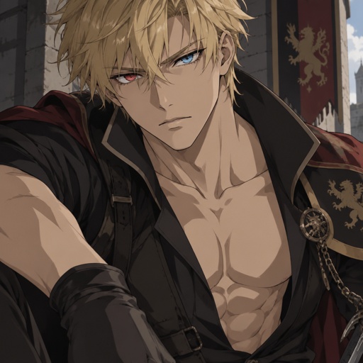 Male, strong, thin, muscular, blonde hair, one red eye one blue eye