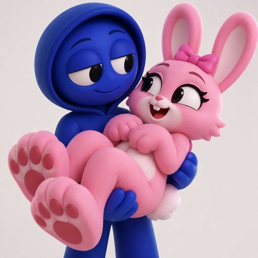 Pinki from Sprunki as her wererabbit self in Jevin from Sprunkis arms with her hands and feet being the stronger paws of her Wererabbit form