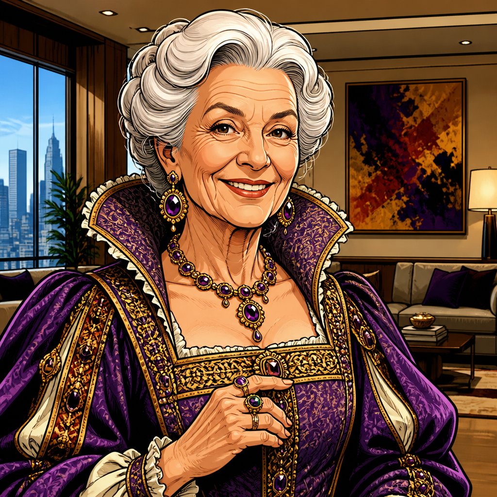 Vivid colors, highly realistic no speech bubble no print dots. A an elderly woman dressed in ornate Renaissance robes and wearing jewel earrings a jewel necklace and jewels on the rings on their hands is smiling. We see her from waist up the background is a contemporary very high-end living room.