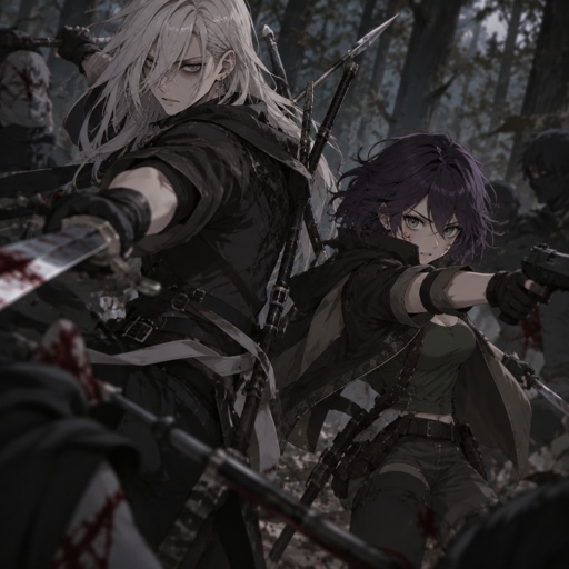 Anime style, male, name kai, highly skilled in fighting all fighting styles and weapons, long white hair half in face, dark bags,white skin,earrings, history unknown, Female, name is Beth,medium wavy dark purple hair, gray eyes, short, open jacket with a dark green shirt, she is a Bounty Hunter for hire,an agency hired he to get him there fighting in the woods