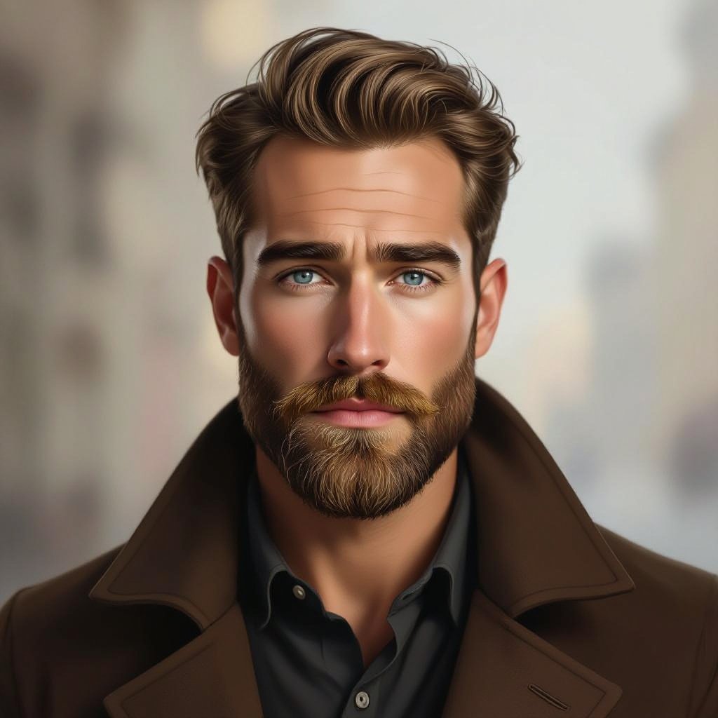 be a man with fair skin and light brown hair that is styled neatly, swept back from his face. He has a full beard and mustache, also light brown with a touch of gold. His eyes are blue and set beneath expressive brows, giving him a thoughtful or slightly serious expression. He’s wearing a dark shirt under a brown coat with a dark collar, and the lighting is soft, highlighting the contours of his face against a dark background. The overall look is polished and introspective, with a classic, slightly rugged appeal.
