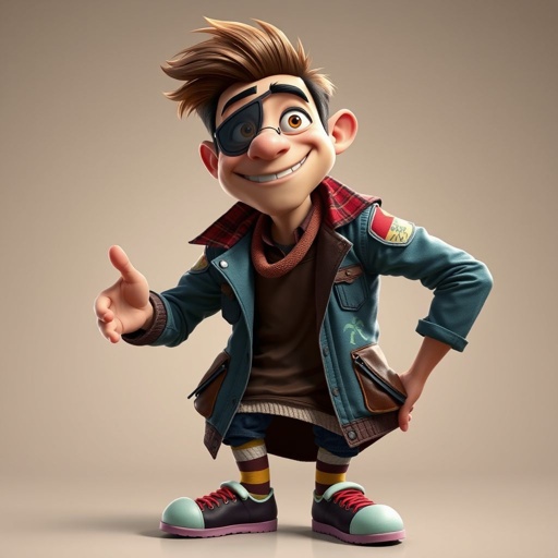 Create a funny adult guy name one eye Willy, who has one eye patched, show entire body head to toe 