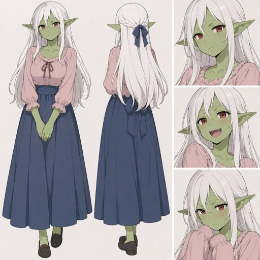 White long hair, red eyes, female goblin, pink blouse, long blue skirt