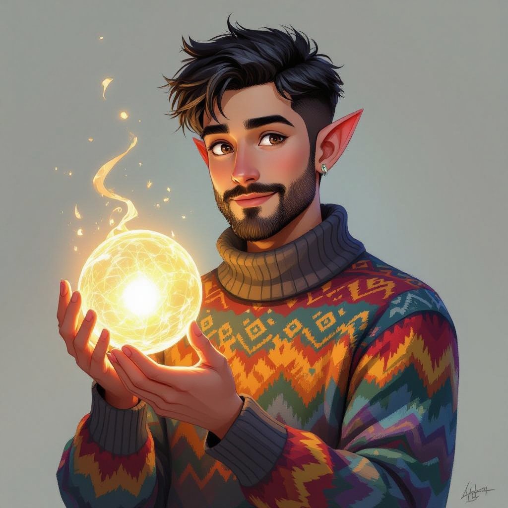 Mężczyzna o krótkich, czarnych włosach, zadbanej brodzie i wąsie w kolorowych sweterku