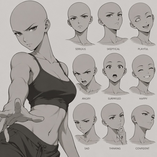 Different face expressions female buff half body drawing base, dynamic, bald, head face, serious