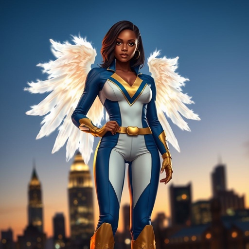 African American female superhero with shoulder length hair in a side part style and wings made of white fire  wearing a slightly homemade  white blue and gold suit with blue pants with a stylized V as her chest emblem wearing gold flat boots made of gold standing in Philadelphia at dusk