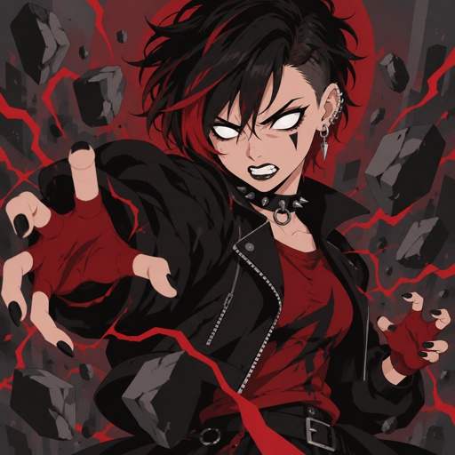 Female, black hair red streaks, half cut messy short hair, white eyes, black spike under eye, ear piercings, choker, black jacket with puffed sleeves, red shirt, fingerless red gloves, angry, using spasm powers