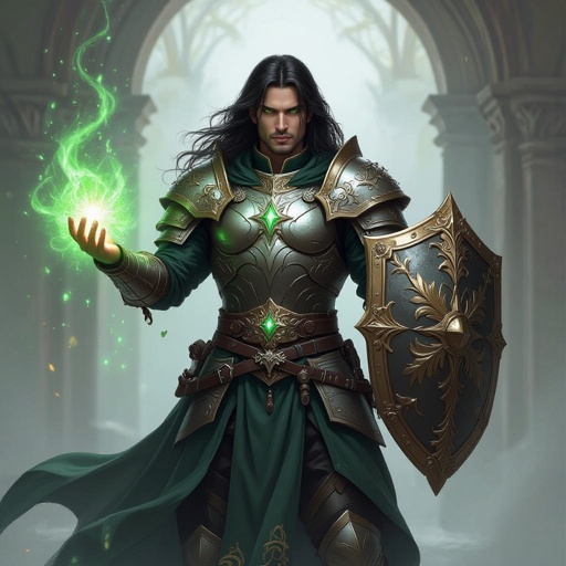 Cleric with heavy armor, and a shield white skin and black hair. Green magic coming from his hands