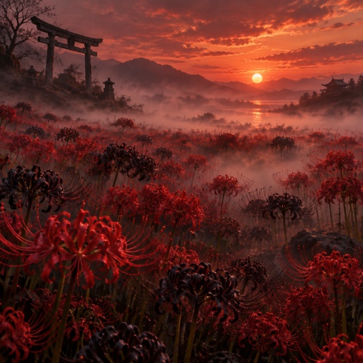 A fiel of red and black Spider lilies, a Sunset in the background