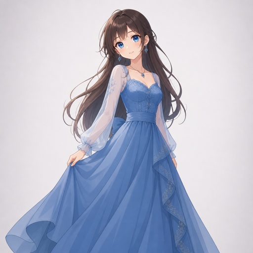 Mädchen mit langen Haaren und langen blauen Kleid 