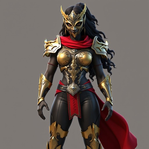An African American woman wearing A full face female mask with gold accents wearing a gold and silver set of chest armor with a red cloth wrapped around her waist wearing leather pants with leg armor and gold boots