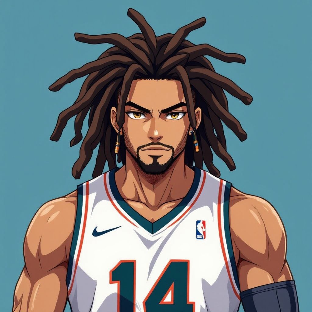My character is a kind of muscular kind of light skin guy with 12 wicks(big dreadlocks) and a basketball jersey with the number 14