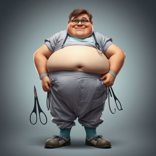 create a fat doctor. Who is funny human looking from head to toe. And he always immediately results to surgery for anything even small things. So please be sure to show his whole outfit head to toe. Make him have 1 tooth. Make it more adult humor instead of cartoon humor.