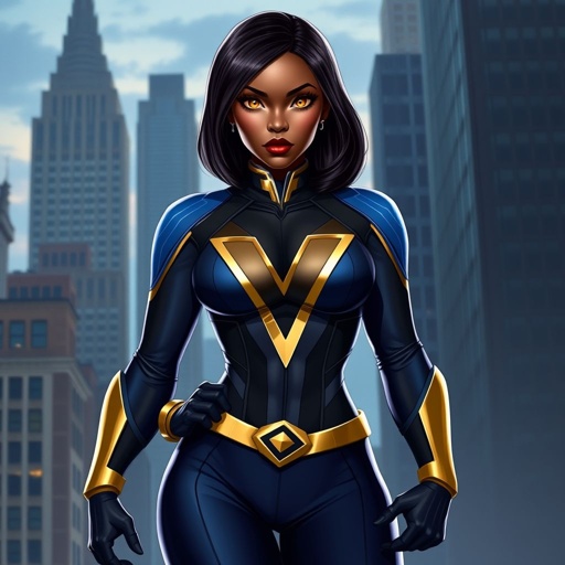 African American female superhero with hair in a shoulder length side part hairstyle with pure Gold Glowing eyes wearing a black blue and gold accented suit with navy blue pants and gold knee length boots with a V with the top half gold and the bottom half black as her chest emblem in Philadelphia