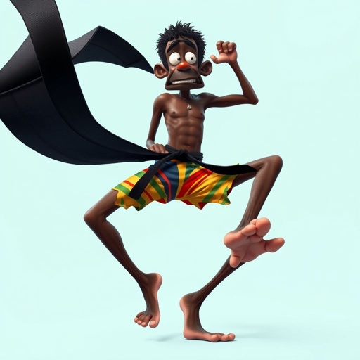 Create a character who looks like a funny African karate guy who doesn’t have a clue what he is doing. Make him have weird toes, only speedos on and a black karate belt.