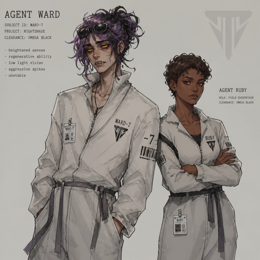 Anime,Agent Ward,long messy hair in a messy loose up tied bun, violet hair black streaks,he’s made in a secret lab to be the best weapon and good at everything highly skilled in many things where the scientists are scared if he gets out of control,has to be kept in check by lab facility, they have an emergency back up incase he gets out of control,glowing yellow night vision eyes,sharp teeth,sunglasses on head,cares about his partner but doesn’t admit it,likes making jokes, can be reckless mischievous and dangerous,a little unhinged,extreme dark powers do to experimentation,best agent,late 20s,thin,tired,tall,migraines,sensitive to light,jokes,hates being told what to do,intimidating,laugh like a maniac .Partner Ruby she has brown hair a little above the neck curly,brown eyes, dark skin,serious,goes by the rules, gets annoyed by Ward but conceders him as a friend try’s telling him to sleep,doesn’t like his jokes during work,has been given a device to trigger a shut down on Ward in case he gets out of control but really hopes she never has to