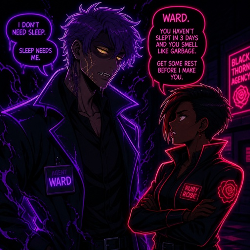 Anime style, Agent Ward a male, made in a secret lab to be best weapon and good at everything, highly skilled, be kept in check, emergency backup case he gets out of control, his hair messy bun color violet, clean shaven, yellow night vision eyes, sharp teeth, dark power energy from experiment, tired, tall, eyes sensitive to light, dangerous, intimidating, laugh like a maniac, cares about partner ruby rose she's dark skin serious plays by rules firm,them standing together ruby arguing to wards "stop being intimidating you're going to our suspect a hart attack!" Ward says "job goes faster" starts giggling, ruby warn ward " if you can't take this seriously l'll have to have you go in your room" ward sad expression says"i don't want that" ruby "ok let's do this I have somewhere to be " as a comic