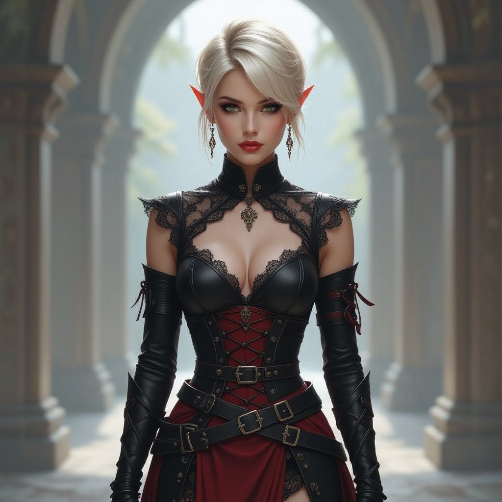 Blonde pixie cut Female High Elf Assassin in Black and Red Shear Lace & Leathers and Skirt full body
