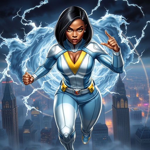 African American female superhero with hair  in a shoulder length side part hairstyle with pure Gold glowing eyes wearing  a leather light blue white and silver suit with light blue pants and silver boots and a V as her chest emblem controlling a storm in Philadelphia 