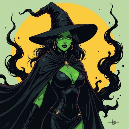 sexy shadow demon witch green skin large black billowing cloak that emits darkness and shadow