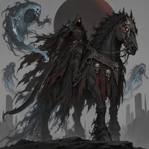 dark abyss assassin, dragon eye, large horse companion, spirit summoning abilities, horseman of the apocalypse, 