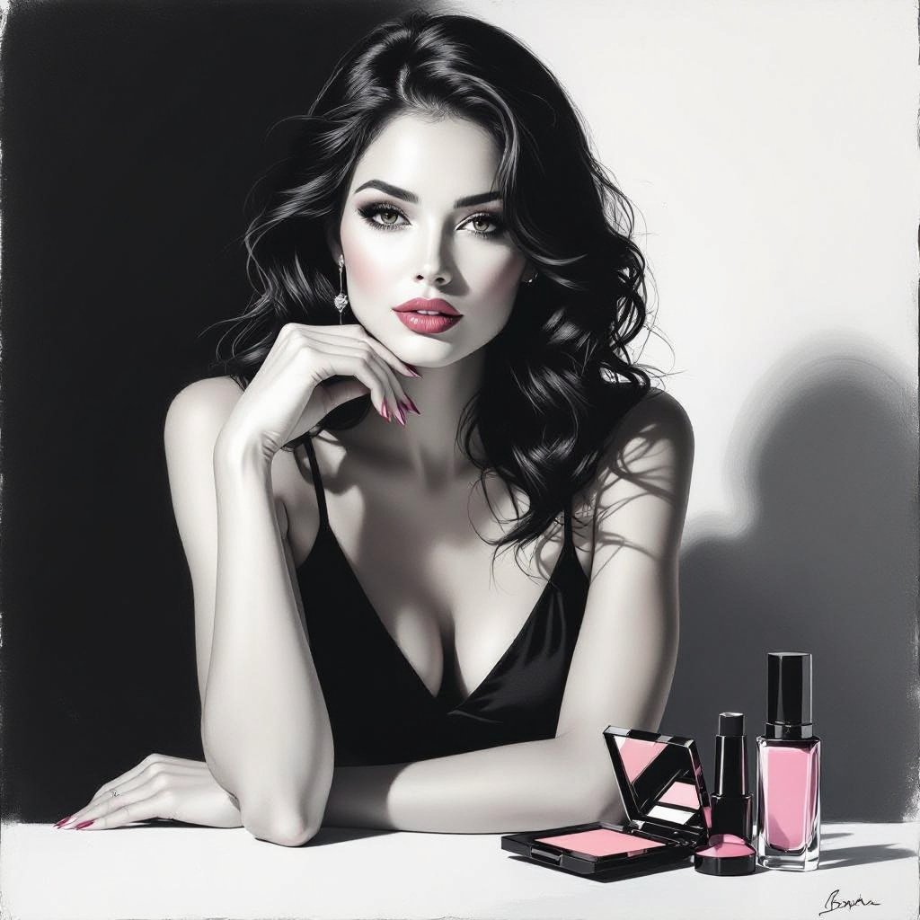 Create a character showing there whole body head to toe, a lady who loves beauty products  