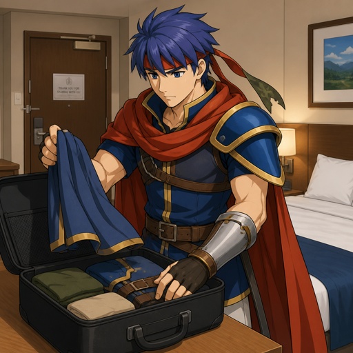 ike from super smash bros, unpacking a suitcase in a hotel room