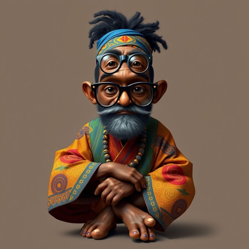 Create a funny looking African sensei. Show the whole character from head, body , legs , feet and make him serious. 