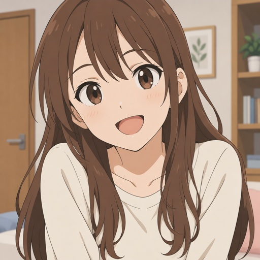 anime woman, brown hair, brown eyes happy