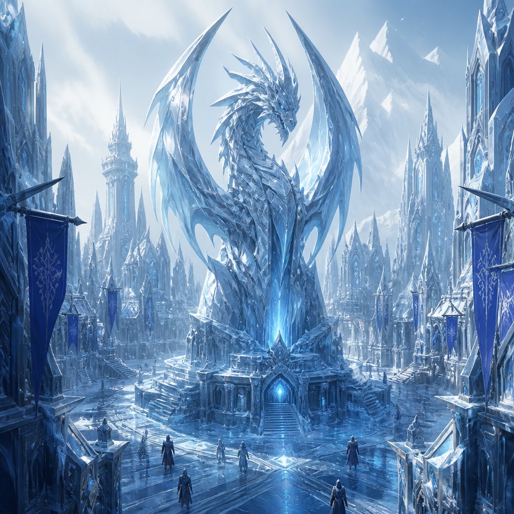City made ice with large dragon statue in center of town