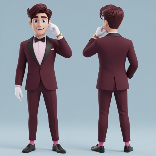 Tall young adult male with bright dark red hair that is neatly combed with the bangs going to one side, short to medium length. Bright blue eyes. White skin. Smug smile. One hand behind his head pose. A dark almost black, maroon tuxedo jacket that is closed and pants with the same color. The undershirt would be a light pink and a black bowtie. Wearing white gloves with a gold watch on the right wrist. Black dress shoes and pink socks.