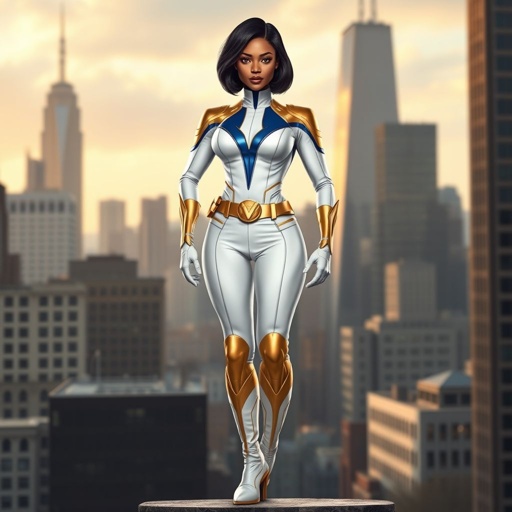 African American female superhero with hair in a shoulder length side part hairstyle with pure Gold Glowing eyes wearing a white suit with gold and royal blue with white pants and gold and white knee length boots with a utility belt with a gold V as her chest emblem in Philadelphia