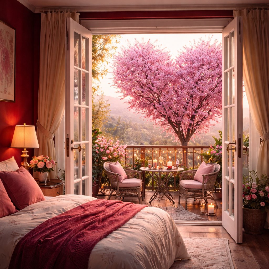 A balcony off a red bedroom next to it, a heart shaped blossom tree