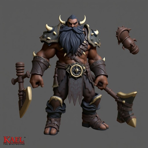 Create character hero Kael the Beastbound – A rugged, broad-shouldered man with dark brown skin and a rough beard, wearing armor made from bone and leather Show her whole body head to toe including her shoes.